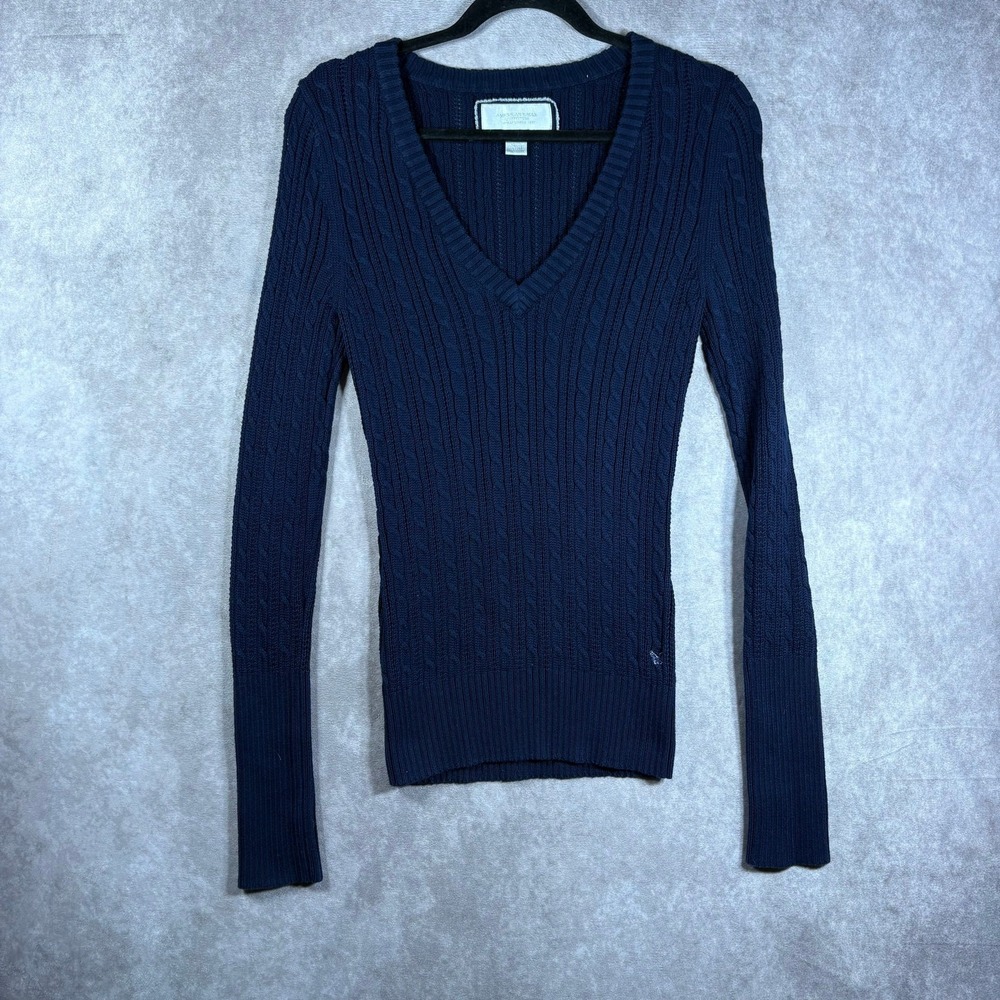 Vintage 90s American Eagle Sweater Womens Large Navy Blue Cable Knit V-Neck Y2K